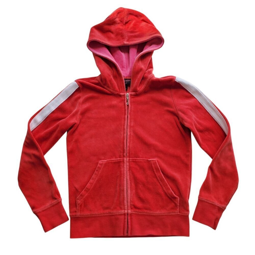 Juicy Couture Y2K style Girl’s Red Velour Sequin Heart Racing stripes Hoodie - Picture 4 of 15